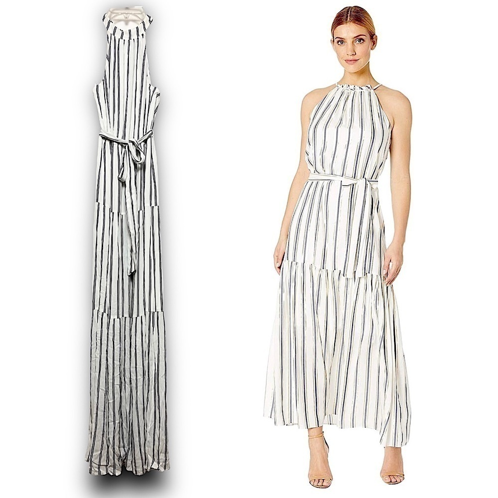 NWT L’AGENCE Striped Sleeveless Halter Neck Tie Waist Tiered Skirt Maxi Dress XS